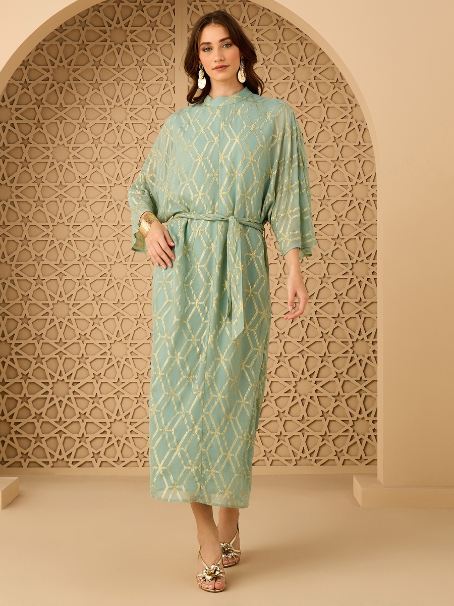 High Neck Belted Lurex Dress