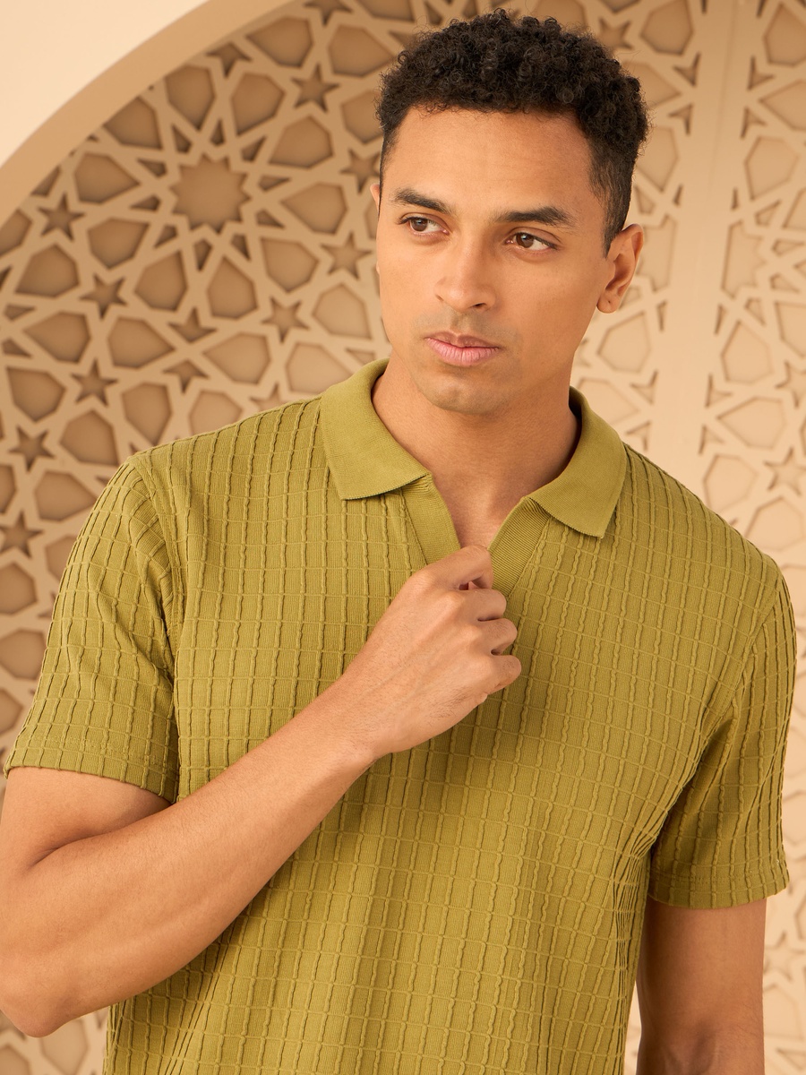 Brick Textured Johnny Collar Polo T-Shirt