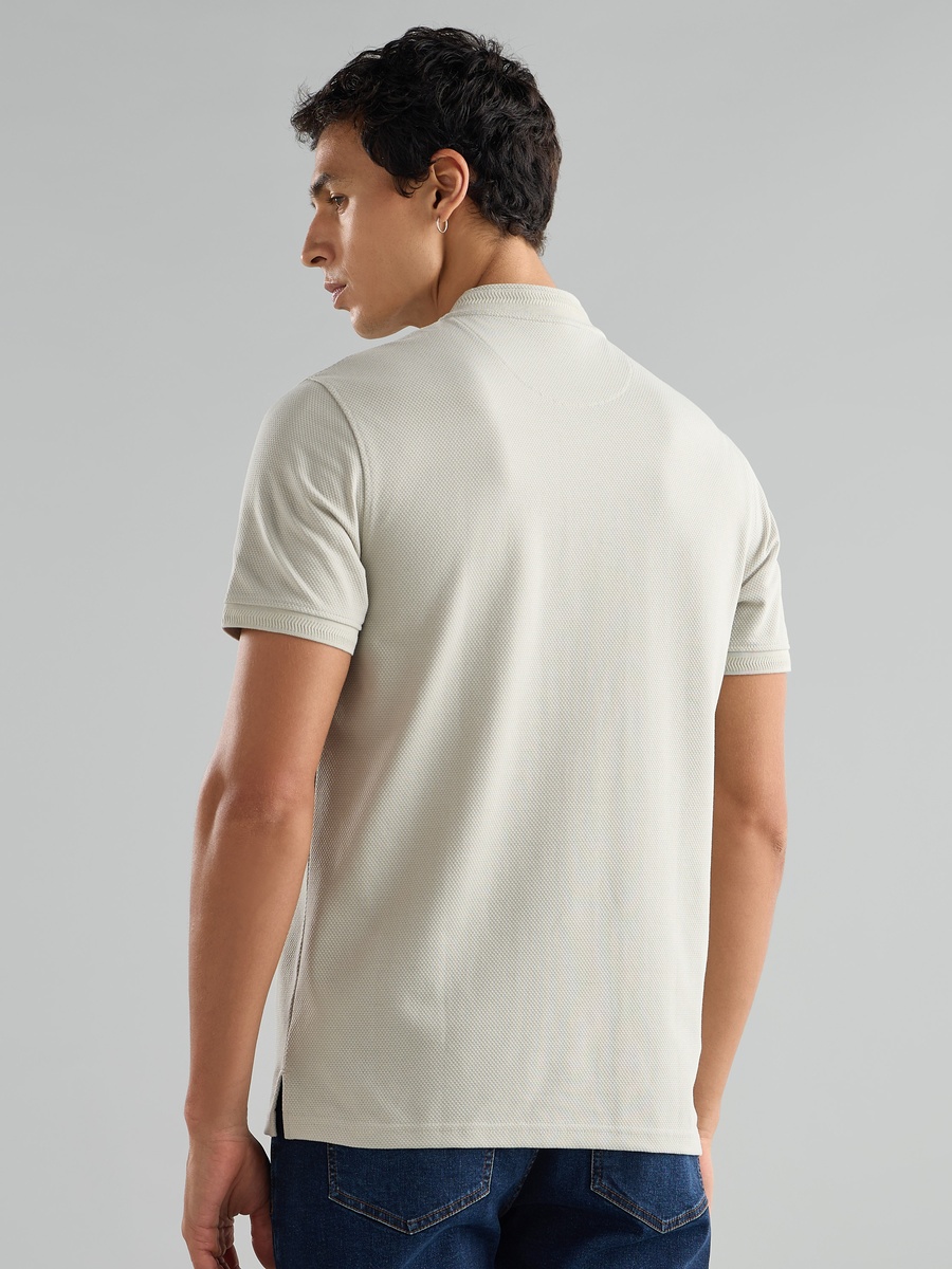 Popcorn Textured Mandarin Collar T-Shirt