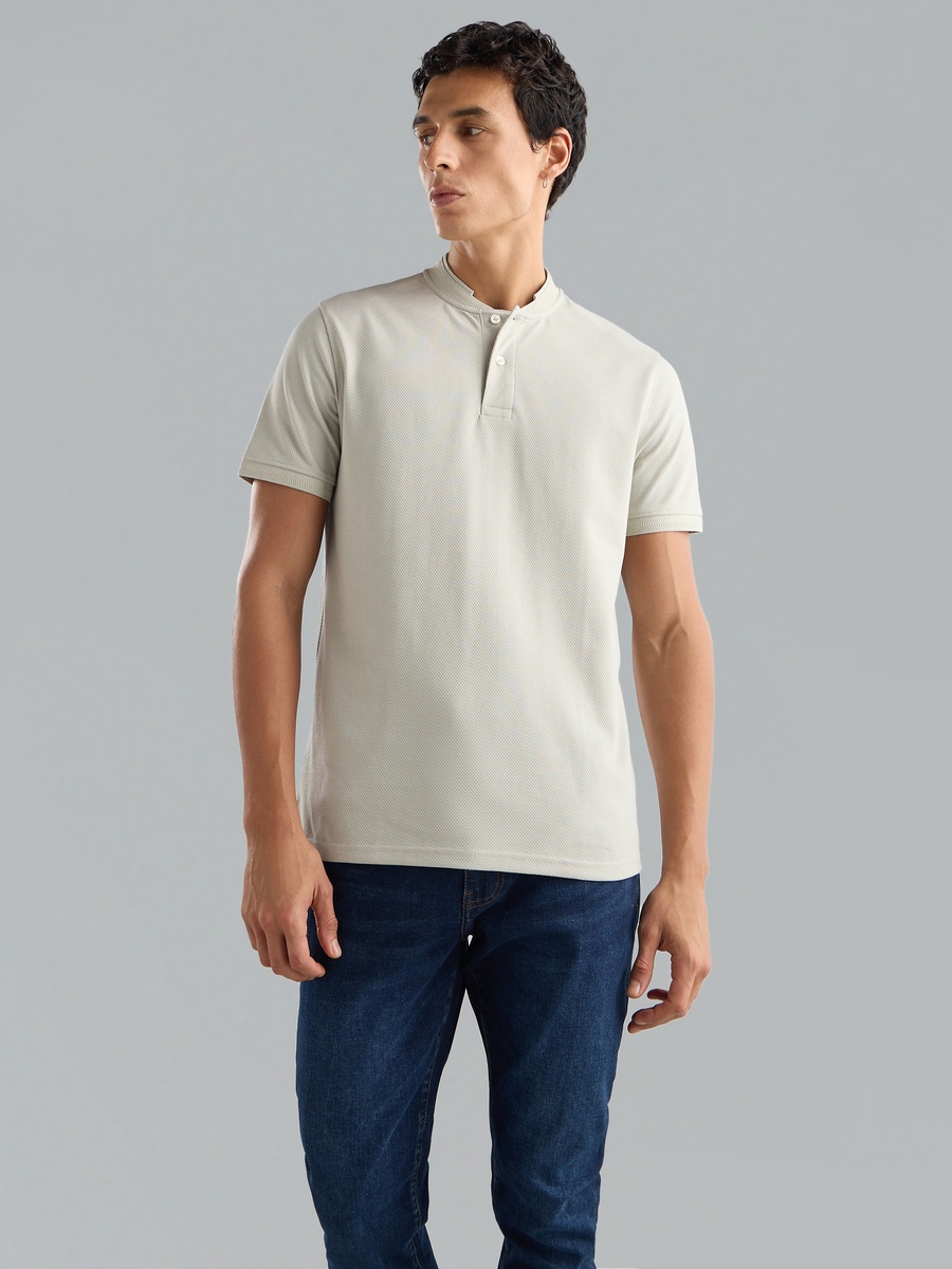 Popcorn Textured Mandarin Collar T-Shirt