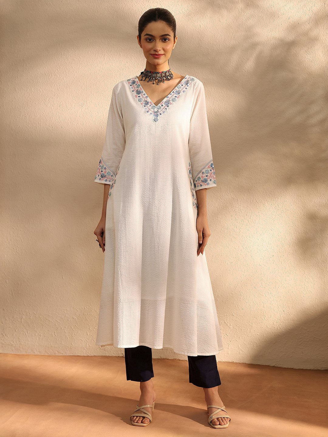White Embroidered Cotton A-Line Kurta