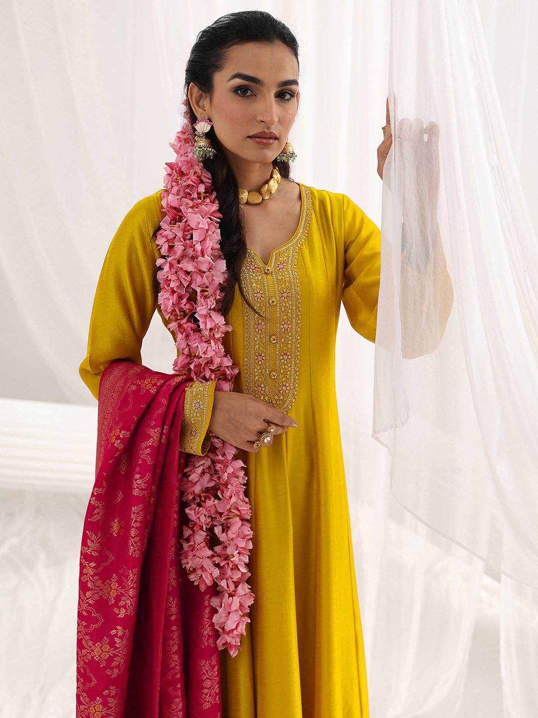 Mustard Embroidered Silk Blend A-Line Gown
