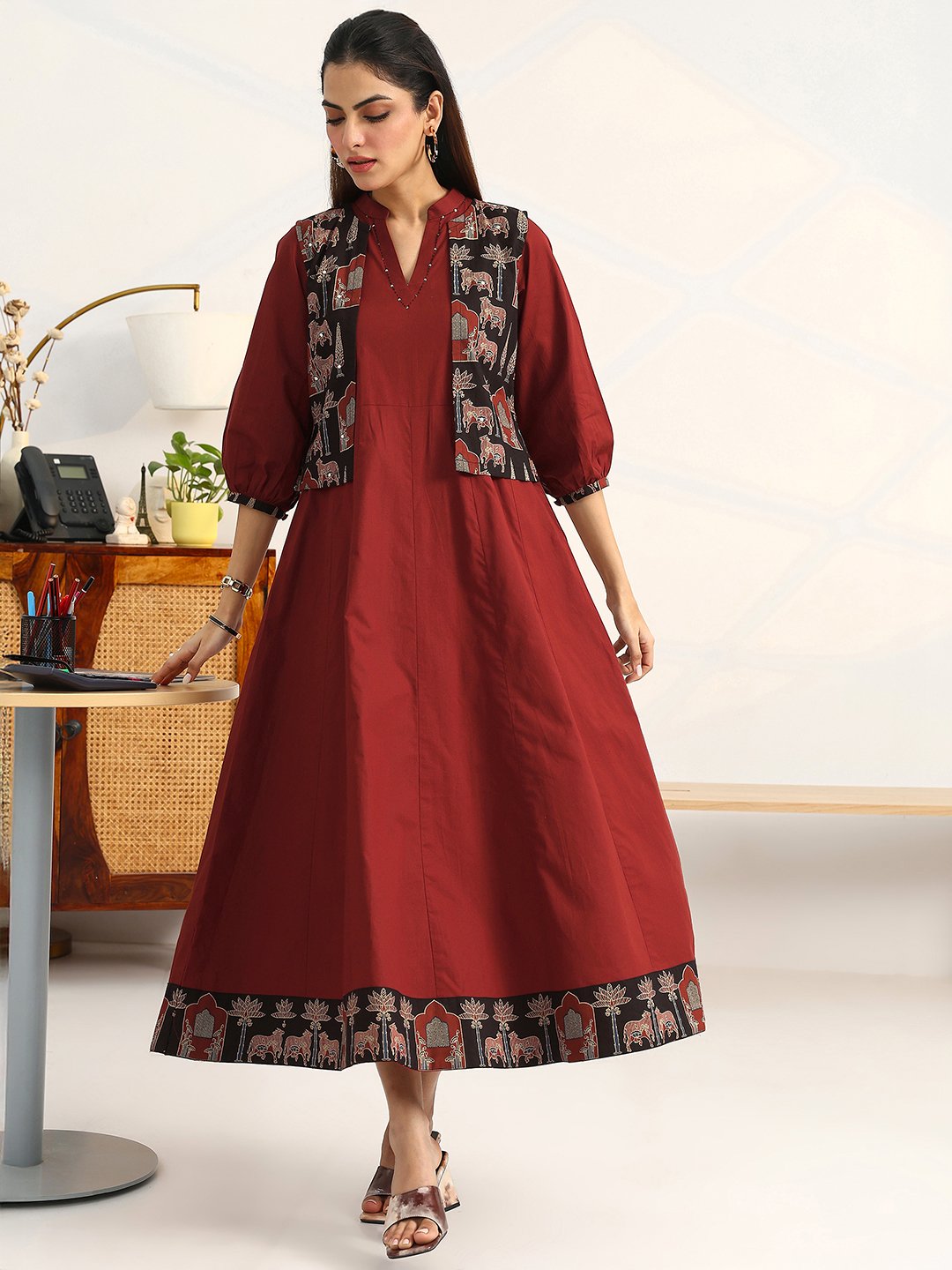 Rust Printed Cotton A-Line Maxi Dress