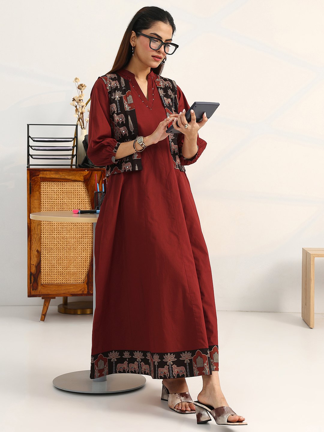 Rust Printed Cotton A-Line Maxi Dress
