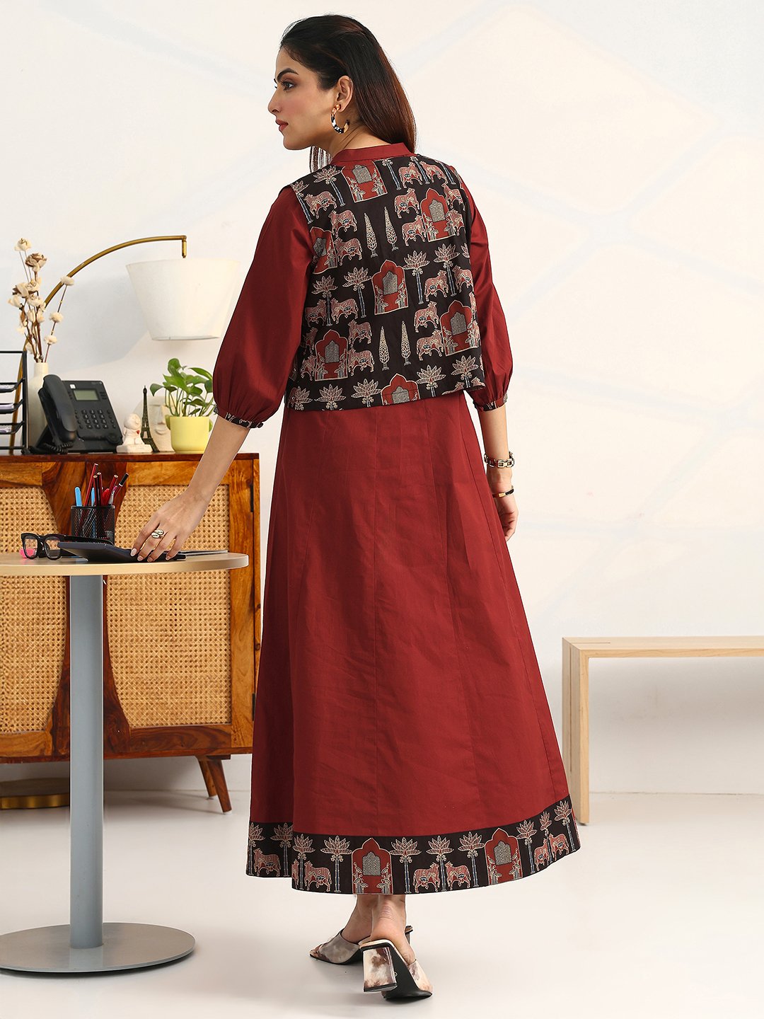 Rust Printed Cotton A-Line Maxi Dress