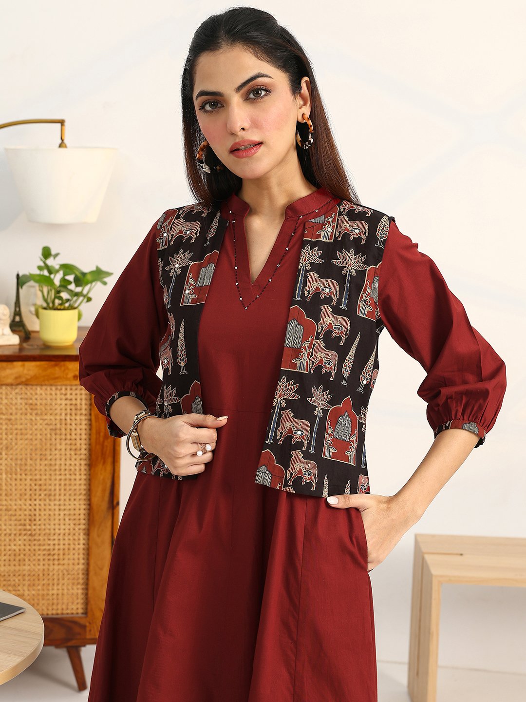 Rust Printed Cotton A-Line Maxi Dress