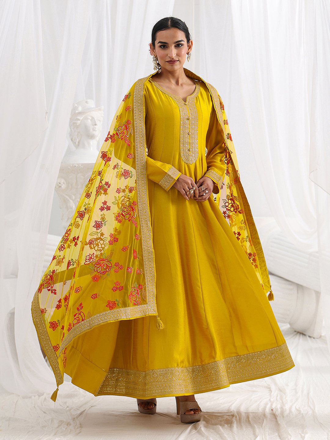 Mustard Embroidered Silk Blend A-Line Gown