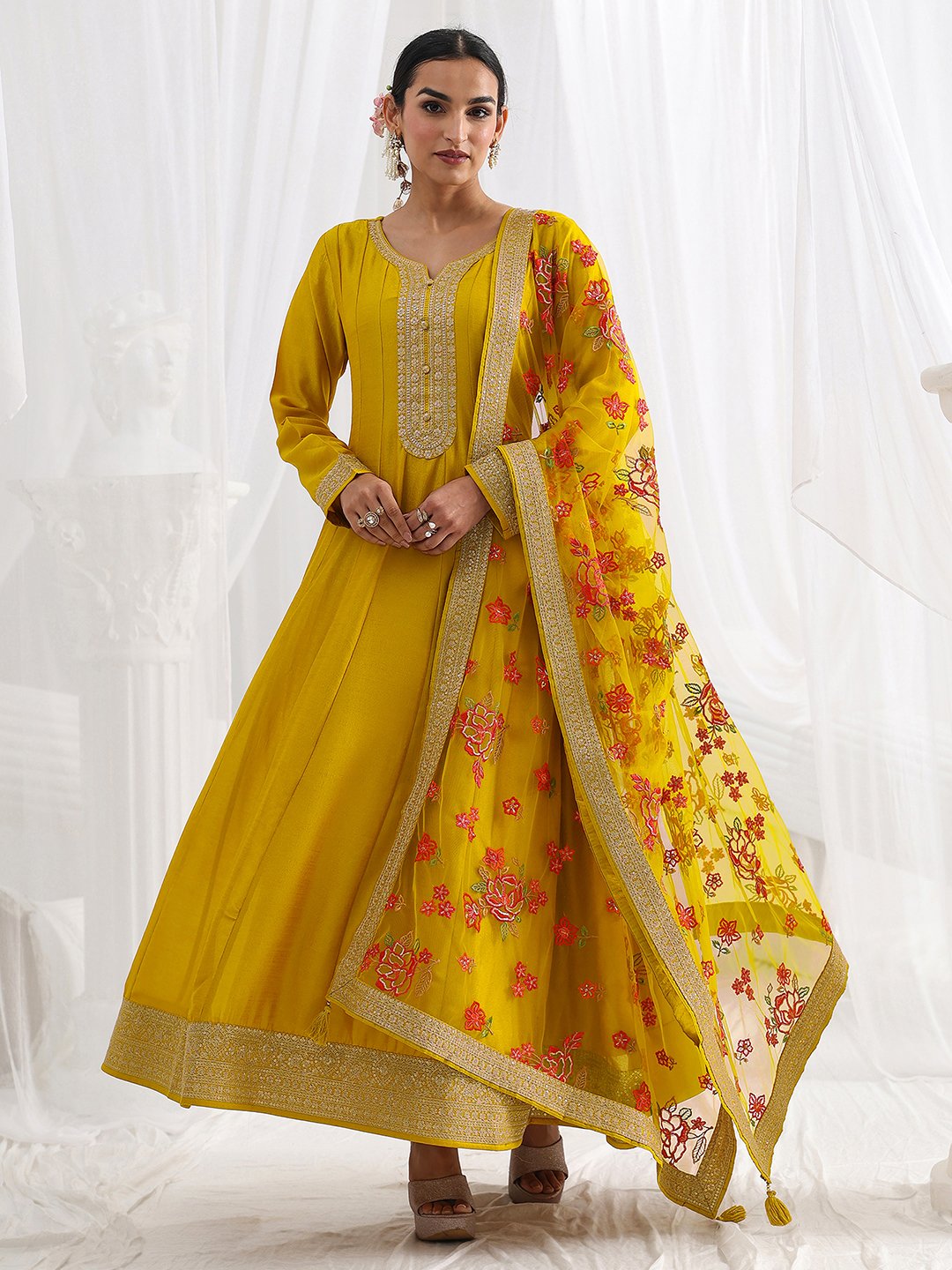 Mustard Embroidered Silk Blend A-Line Gown