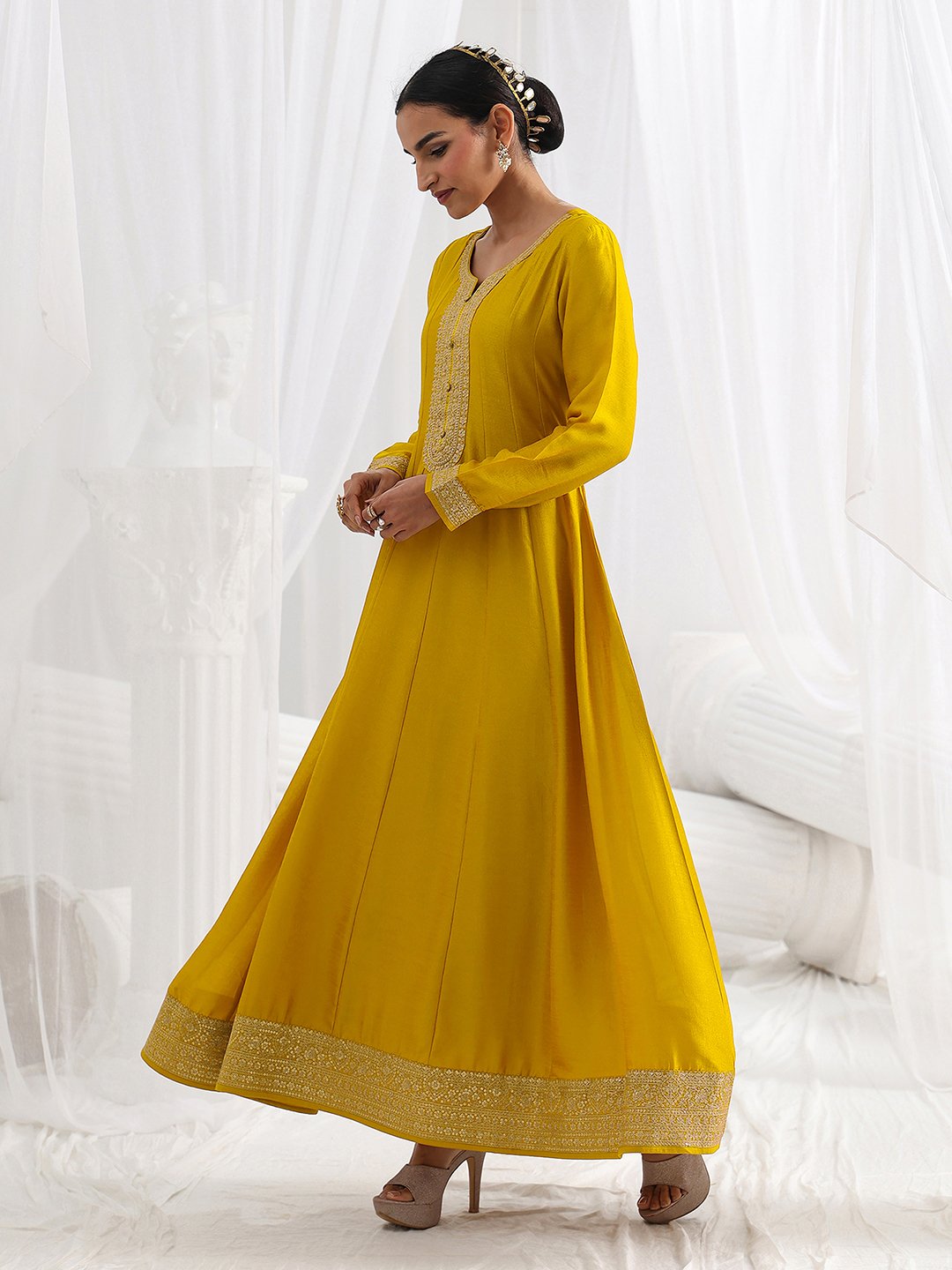 Mustard Embroidered Silk Blend A-Line Gown