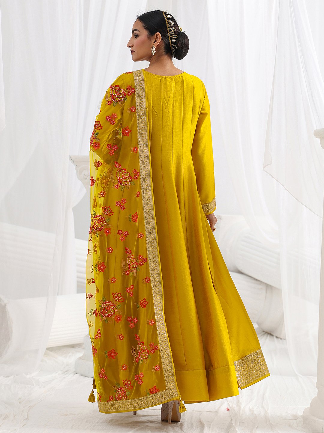 Mustard Embroidered Silk Blend A-Line Gown