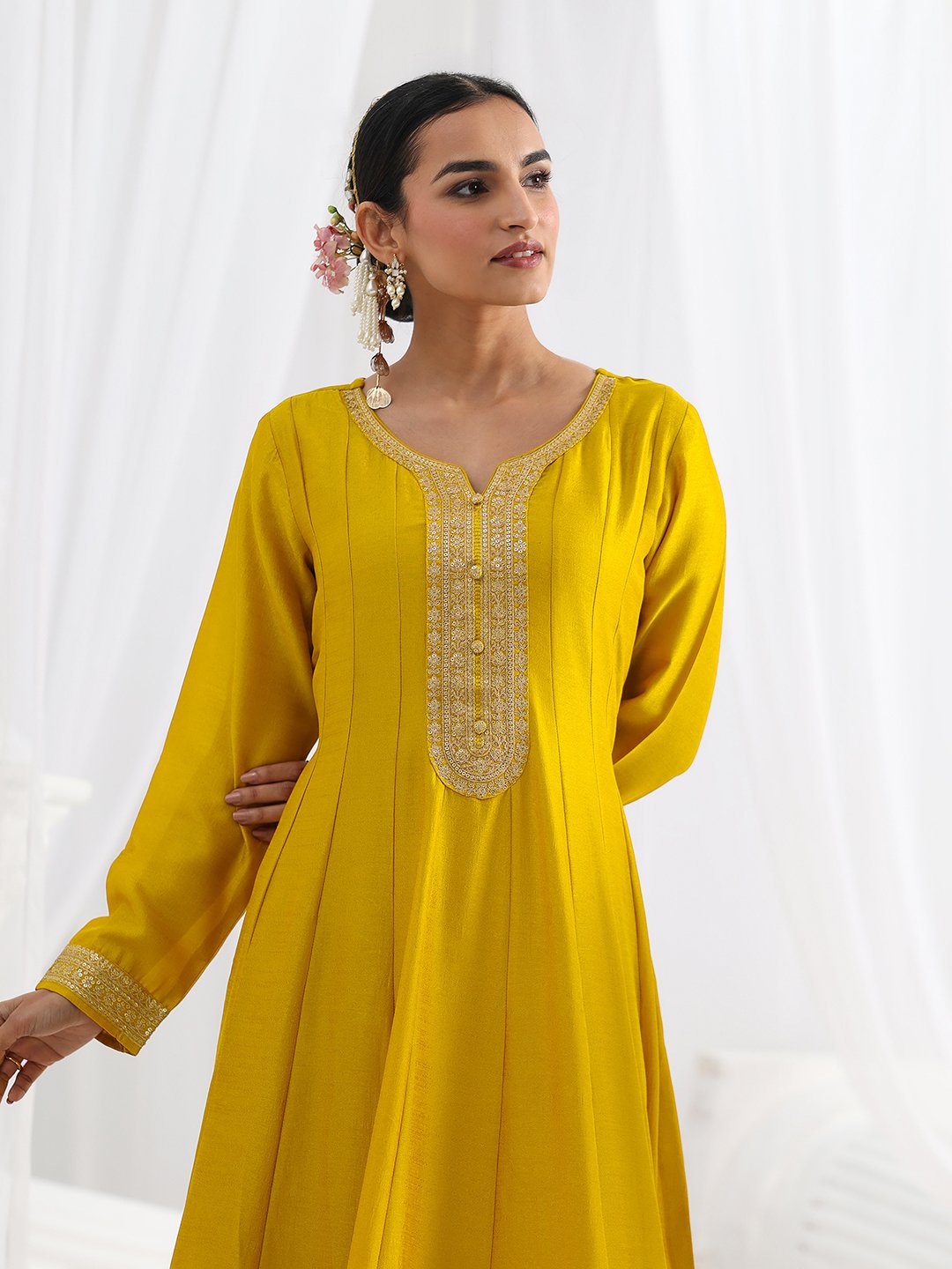 Mustard Embroidered Silk Blend A-Line Gown