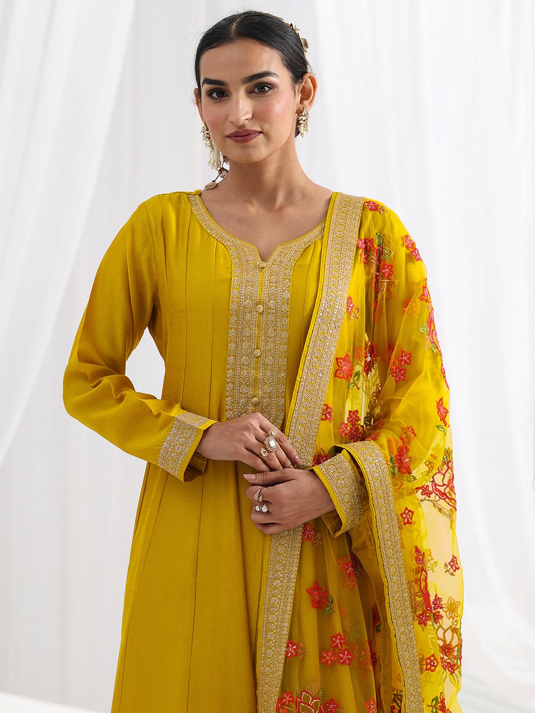 Mustard Embroidered Silk Blend A-Line Gown