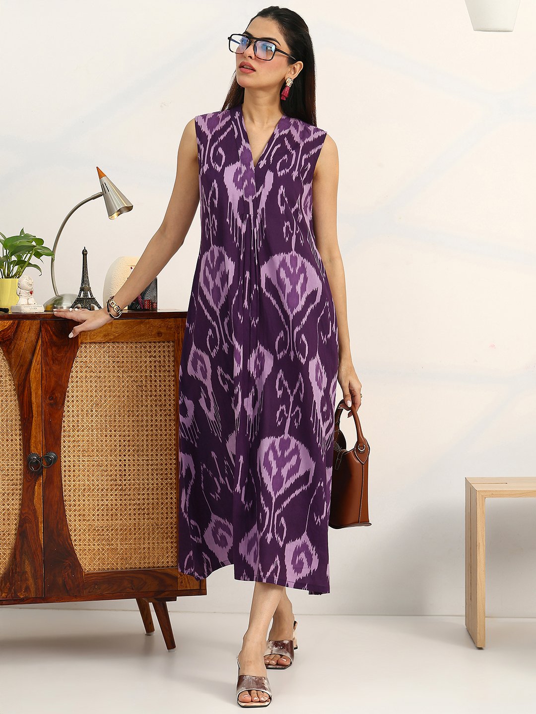 Purple Printed Cotton A-Line Maxi Dress