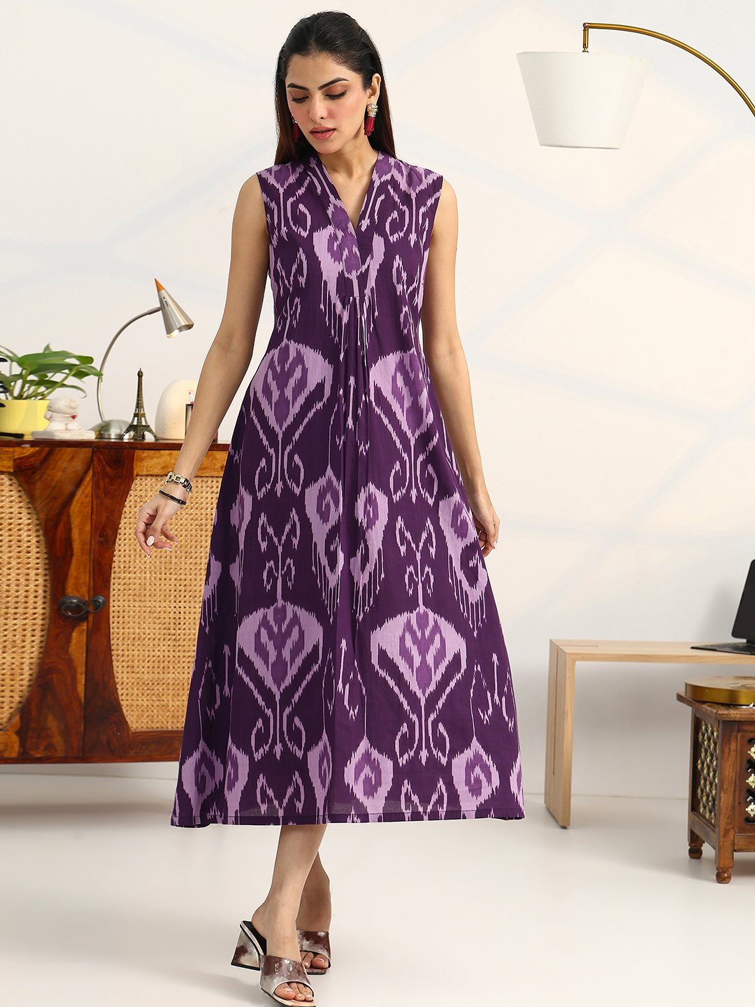 Purple Printed Cotton A-Line Maxi Dress