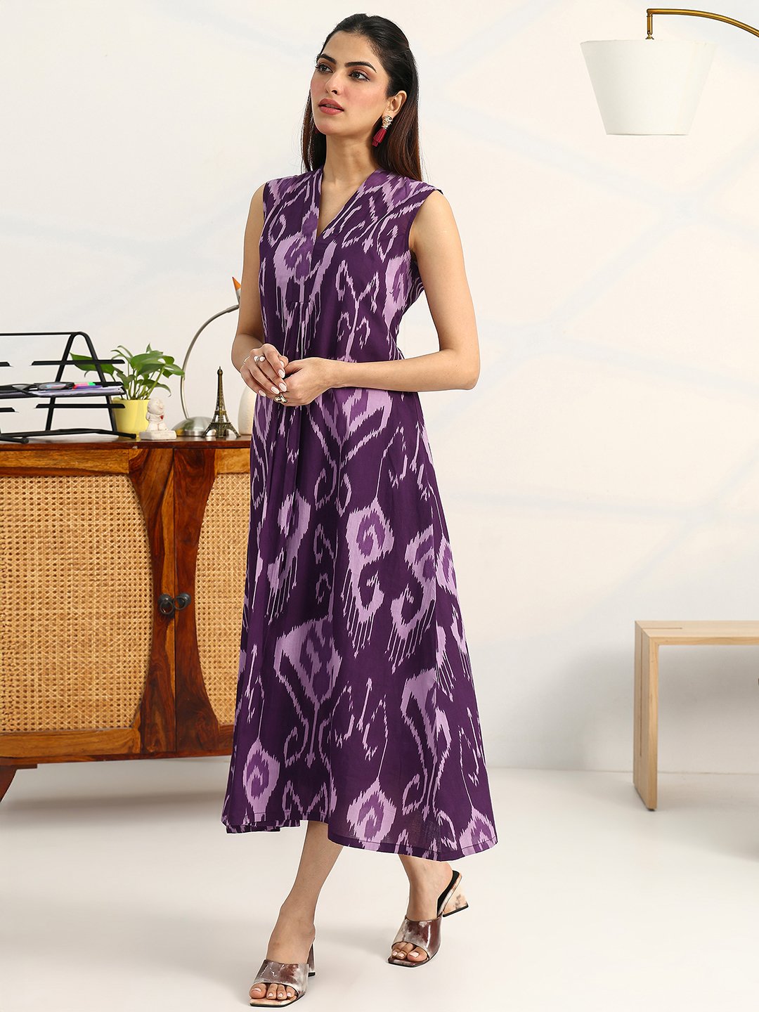 Purple Printed Cotton A-Line Maxi Dress