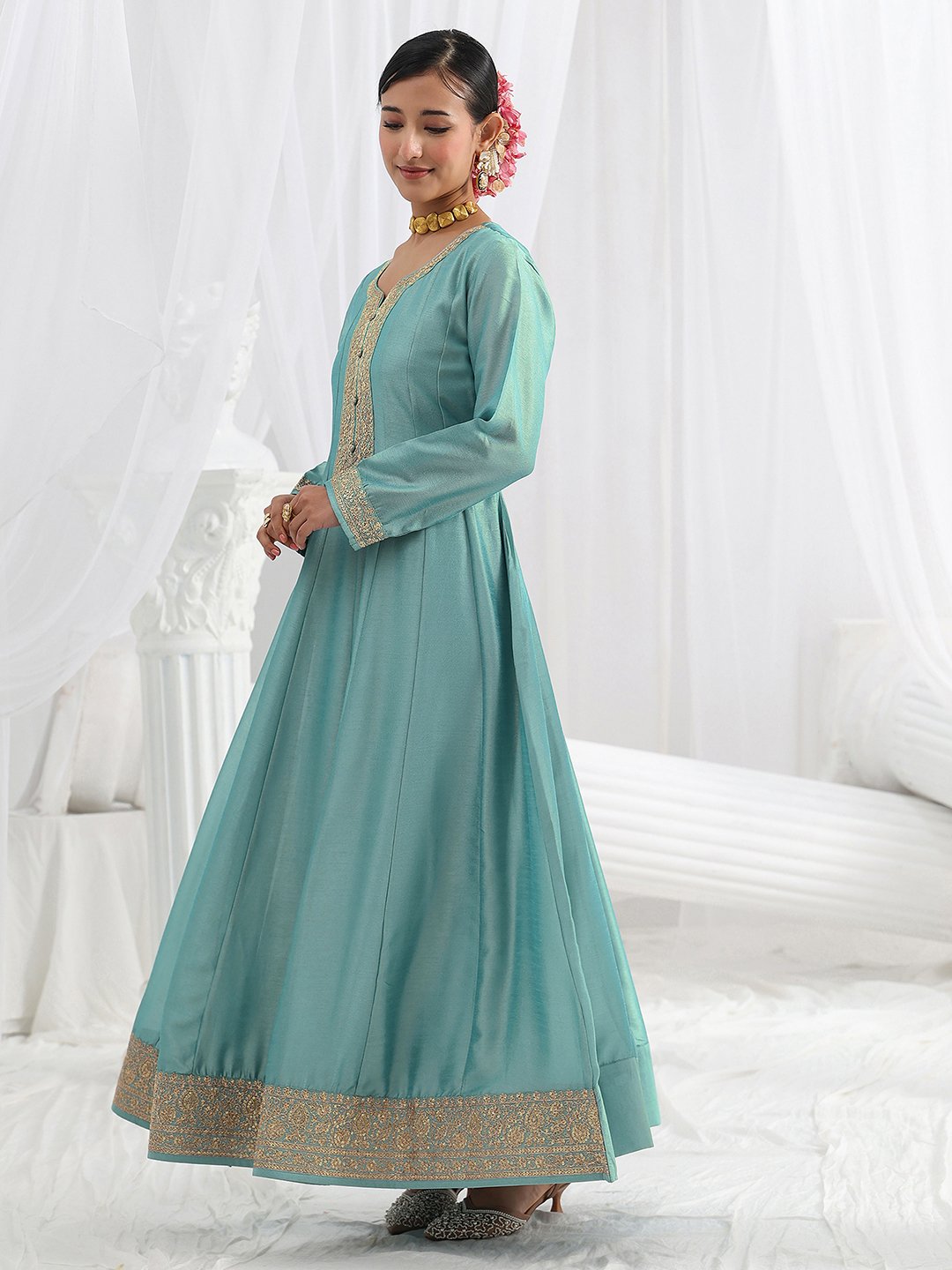 Blue Embroidered Silk Blend A-Line Gown