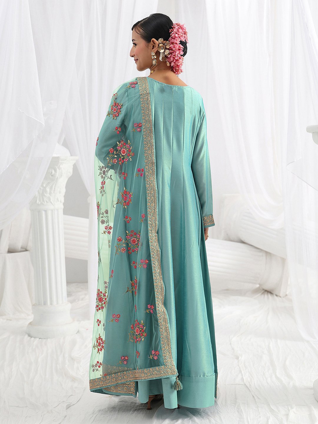 Blue Embroidered Silk Blend A-Line Gown