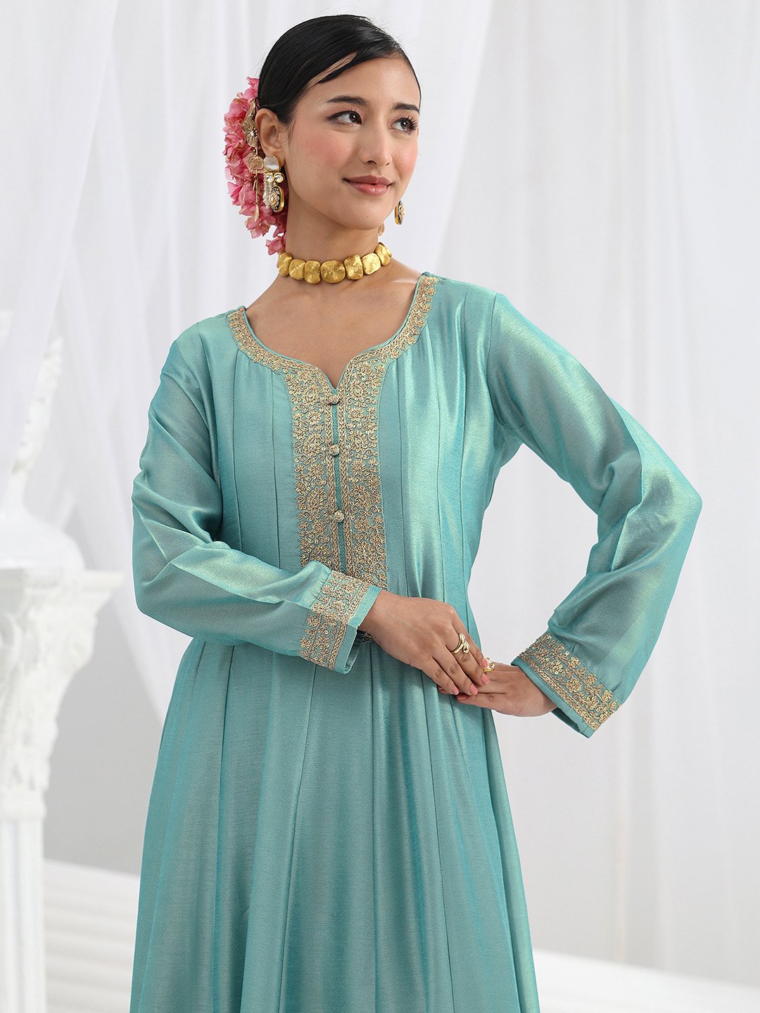 Blue Embroidered Silk Blend A-Line Gown