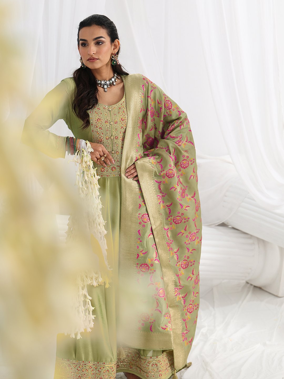 Green Embroidered Silk Blend A-Line Gown