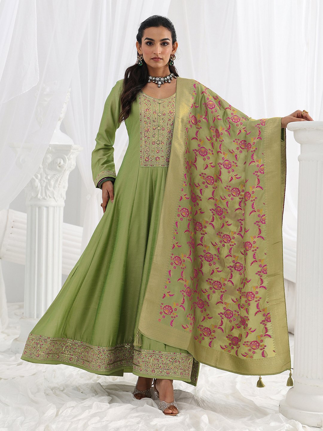 Green Embroidered Silk Blend A-Line Gown