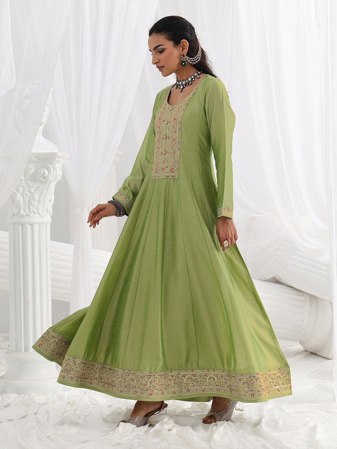 Green Embroidered Silk Blend A-Line Gown