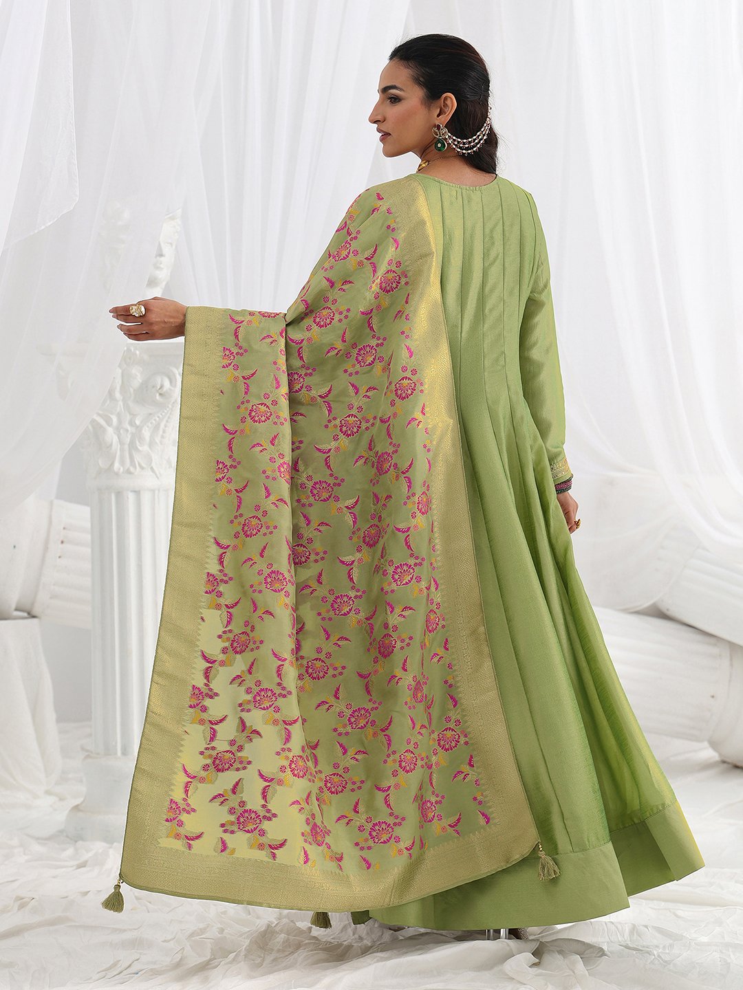 Green Embroidered Silk Blend A-Line Gown