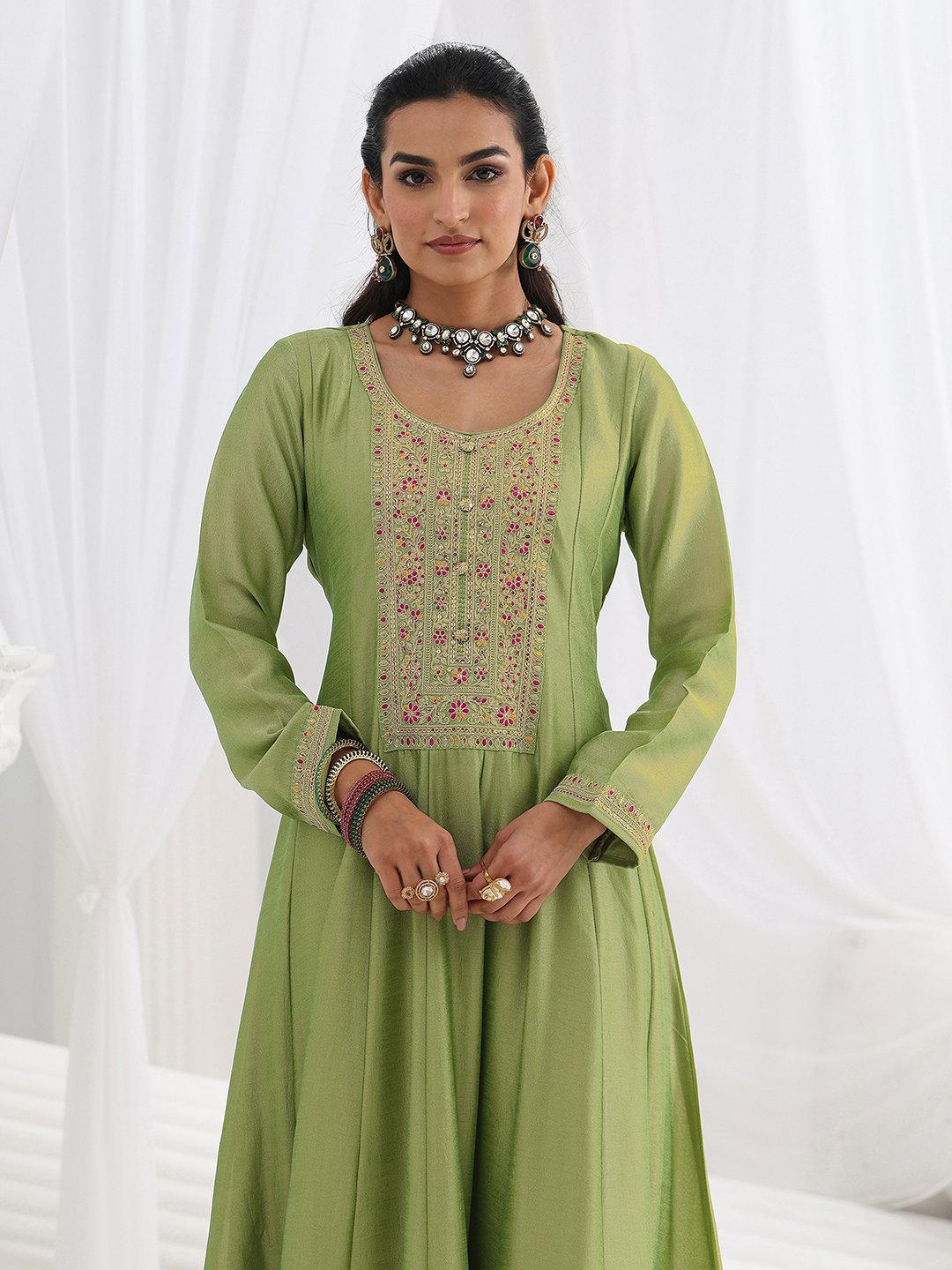 Green Embroidered Silk Blend A-Line Gown