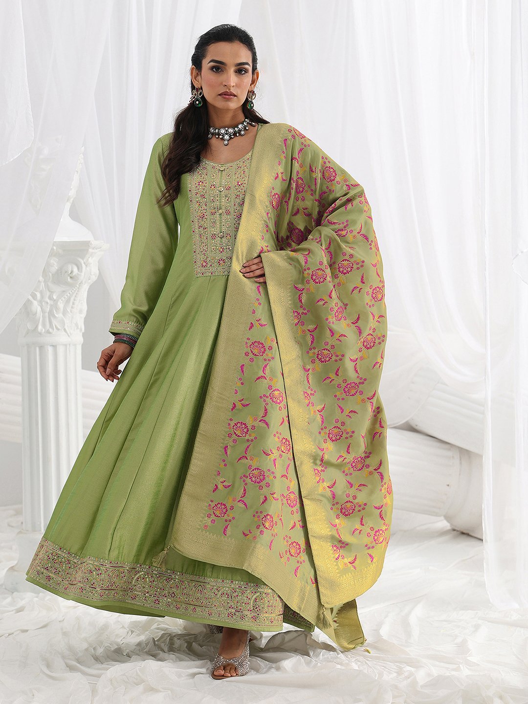 Green Embroidered Silk Blend A-Line Gown