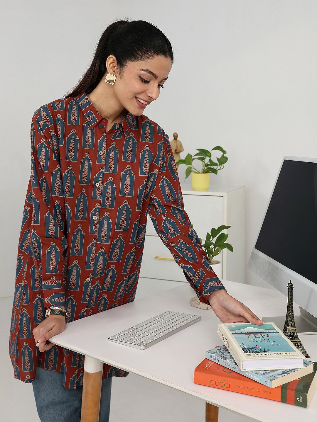 Rust Printed Cotton Blend Shirts