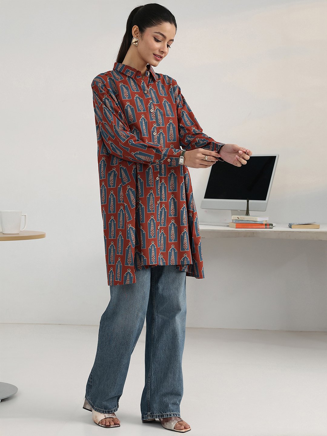Rust Printed Cotton Blend Shirts