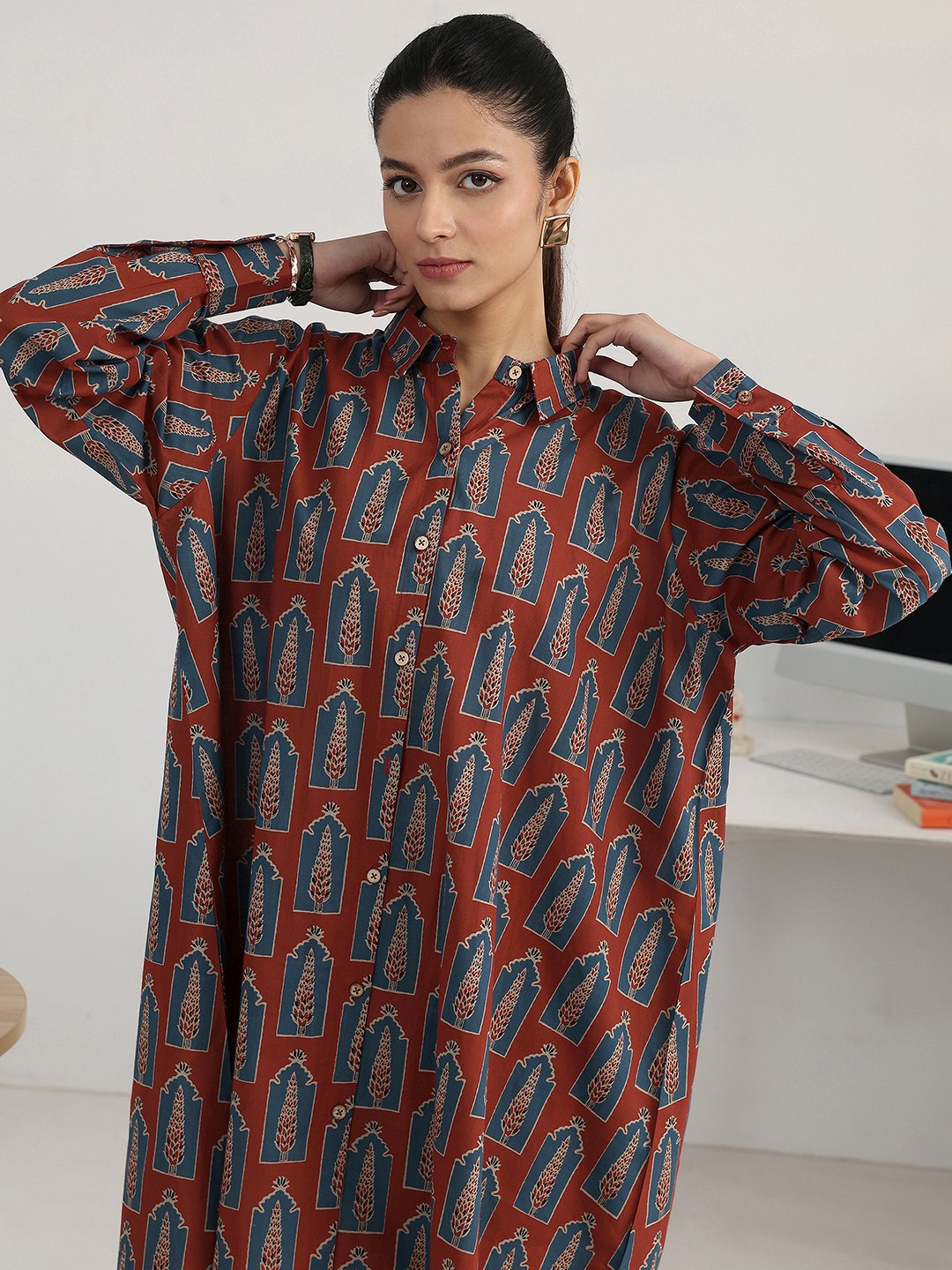 Rust Printed Cotton Blend Shirts