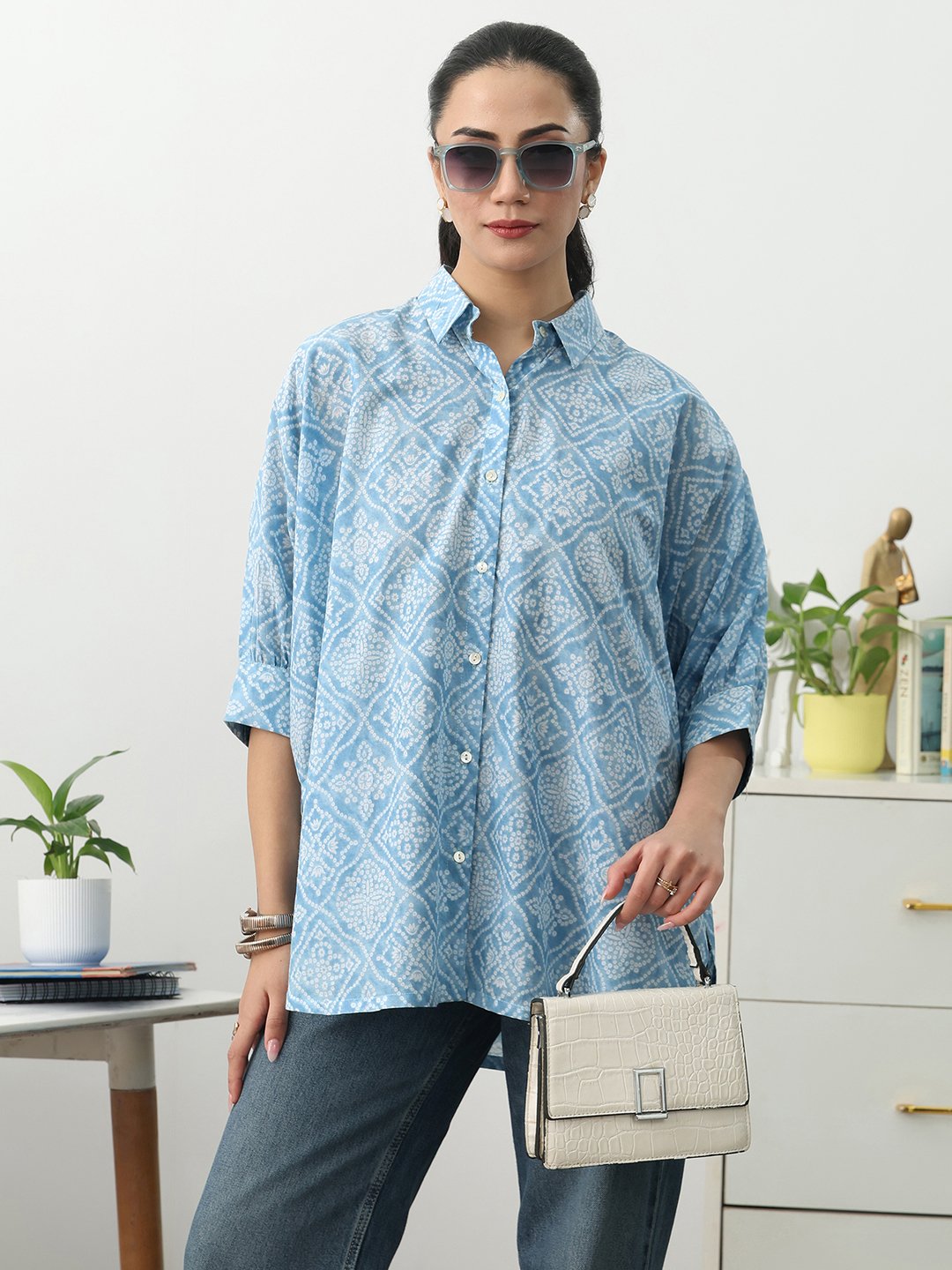 Blue Printed Cotton Blend Shirts