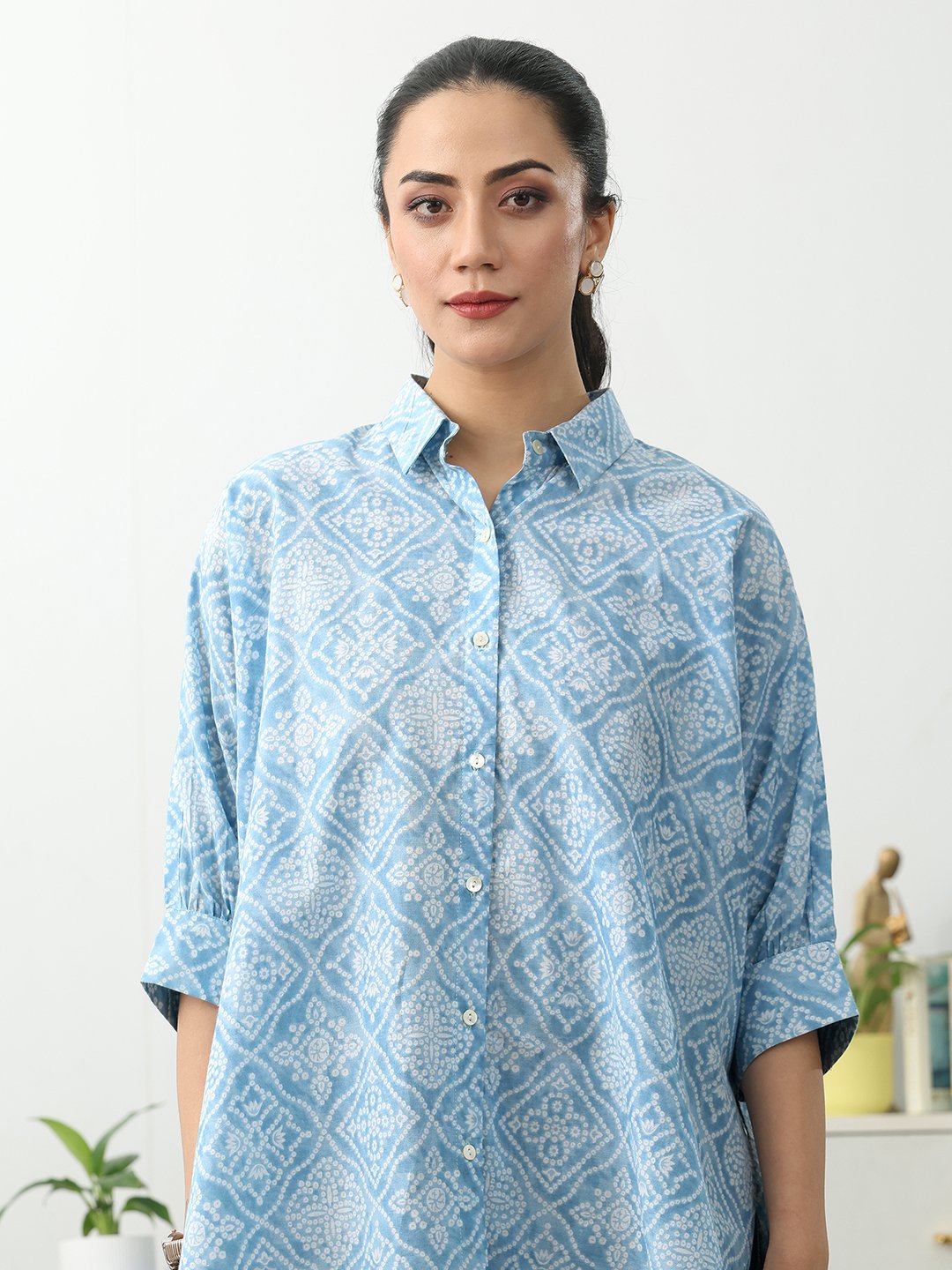 Blue Printed Cotton Blend Shirts