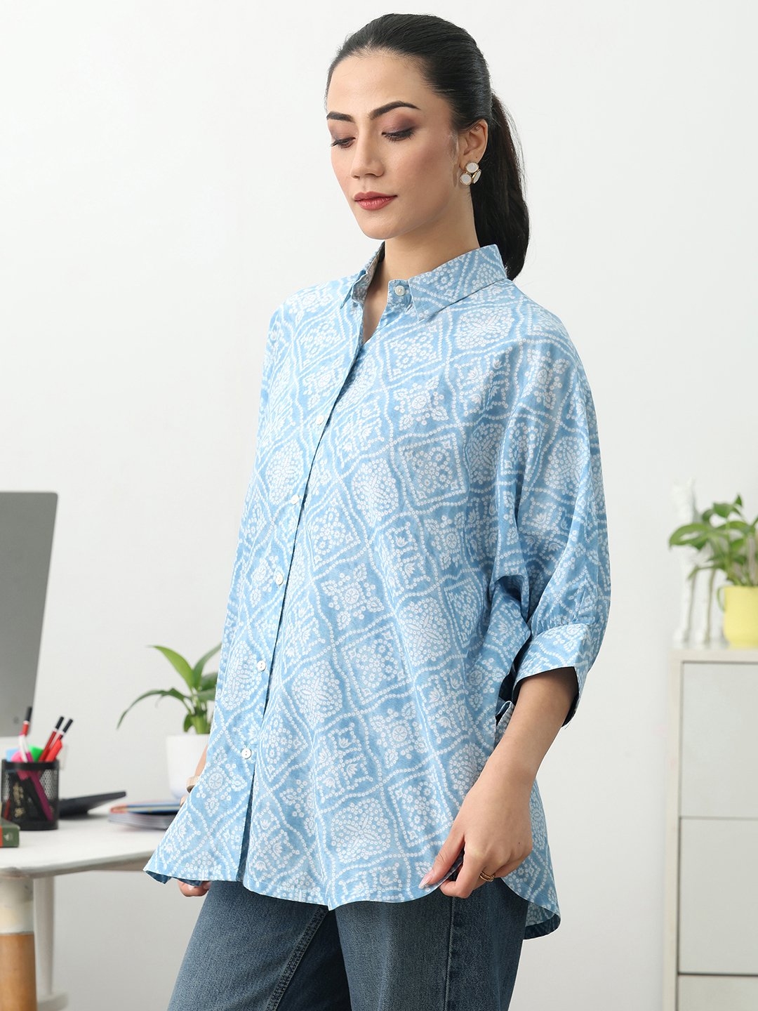 Blue Printed Cotton Blend Shirts
