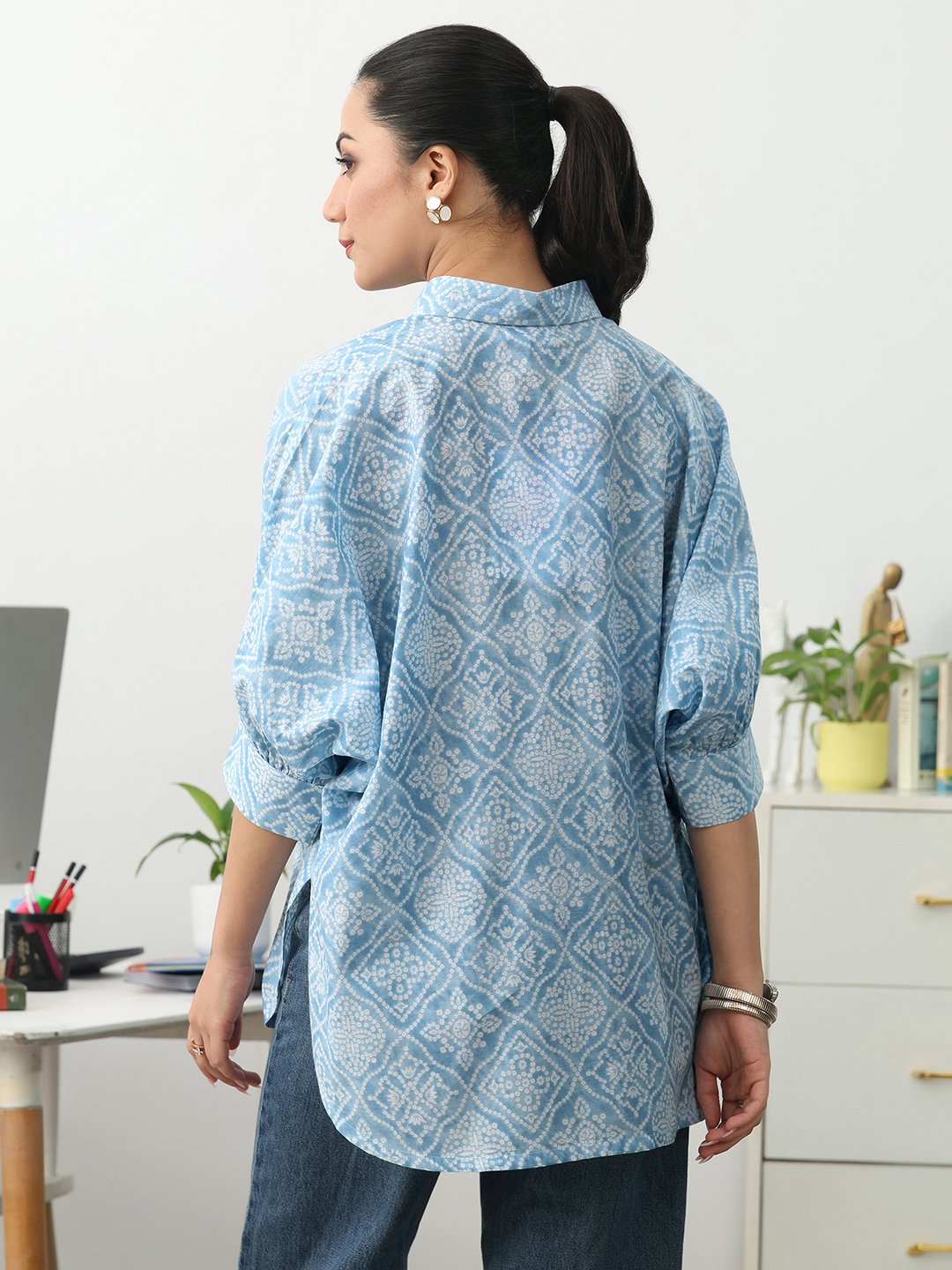 Blue Printed Cotton Blend Shirts
