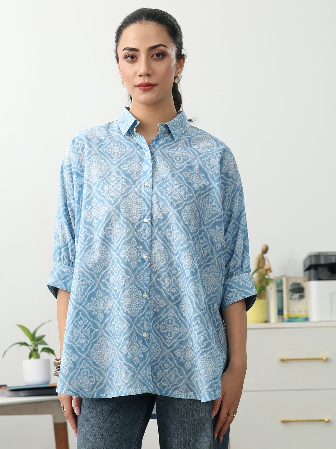 Blue Printed Cotton Blend Shirts