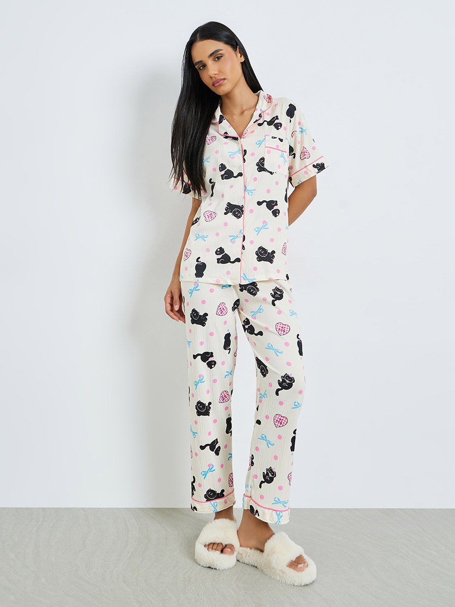 All-Over Cat Printed Short Sleeve Shirt, Shorts and Pants Pyjama Set