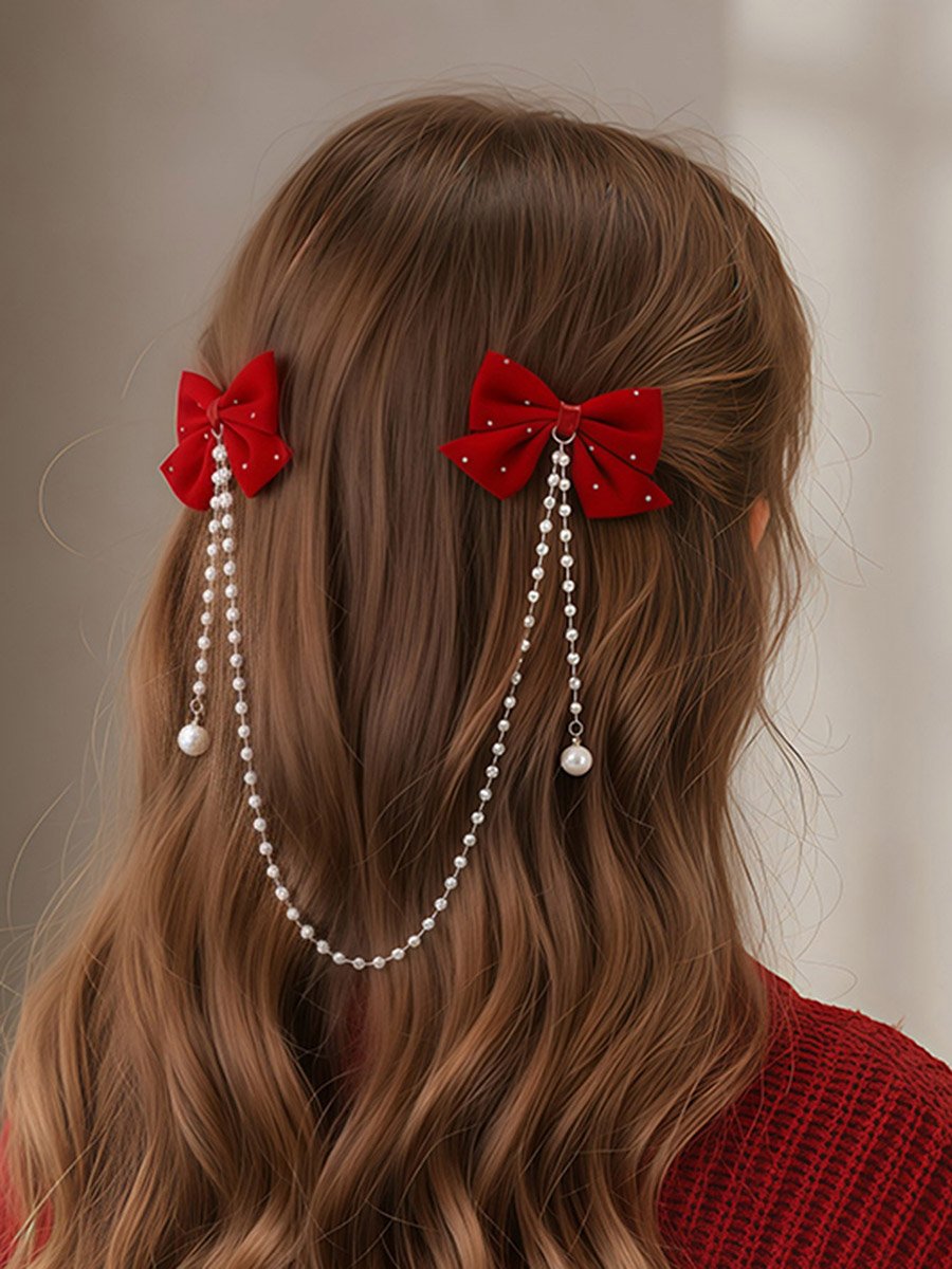 Red Bow Hair Clip with Pearl Chain