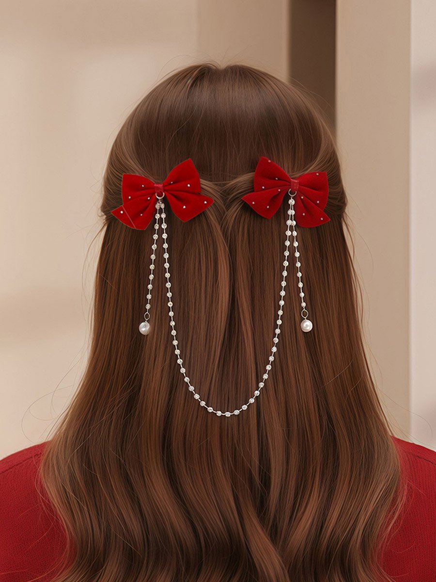 Red Bow Hair Clip with Pearl Chain