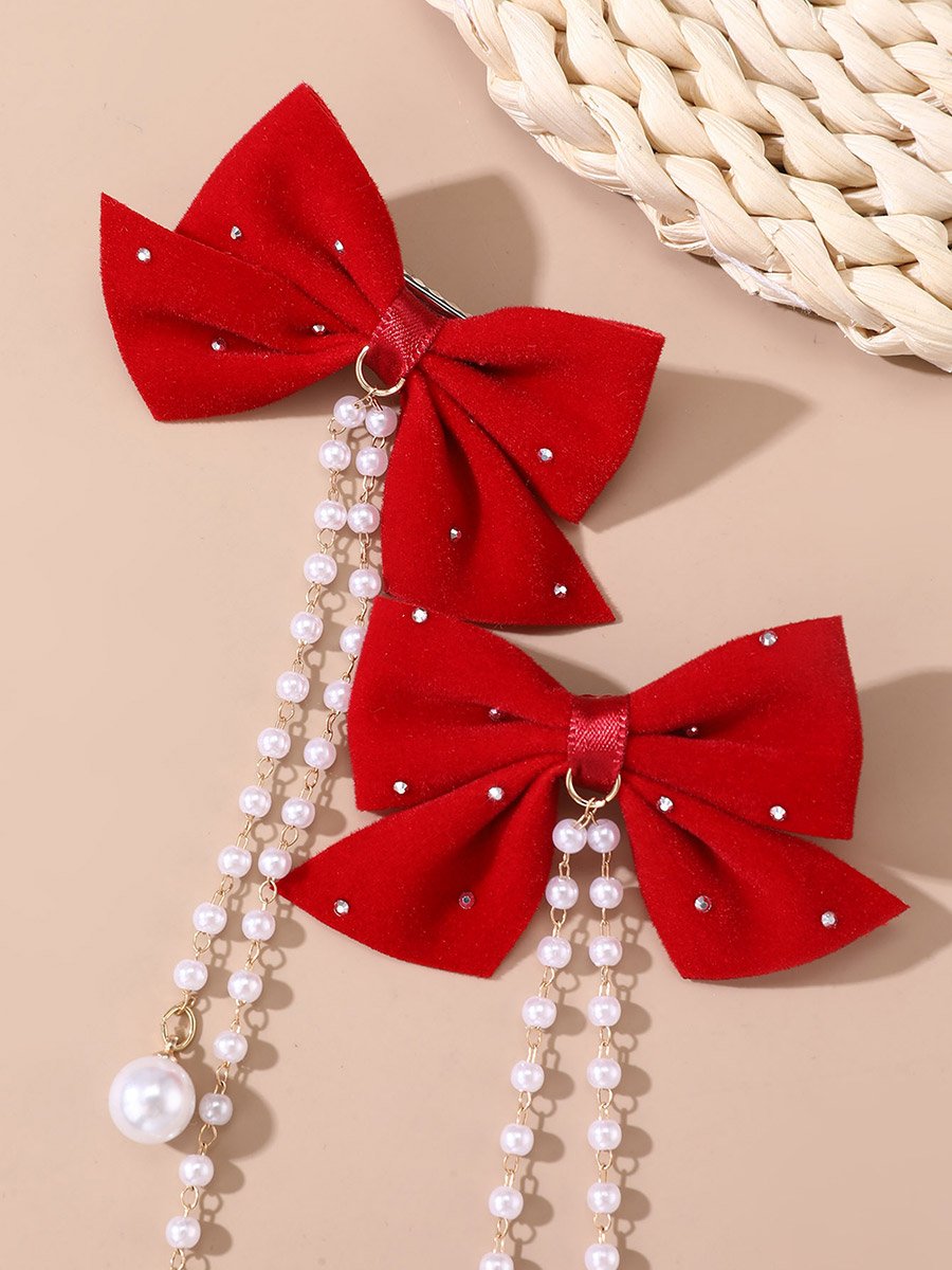 Red Bow Hair Clip with Pearl Chain