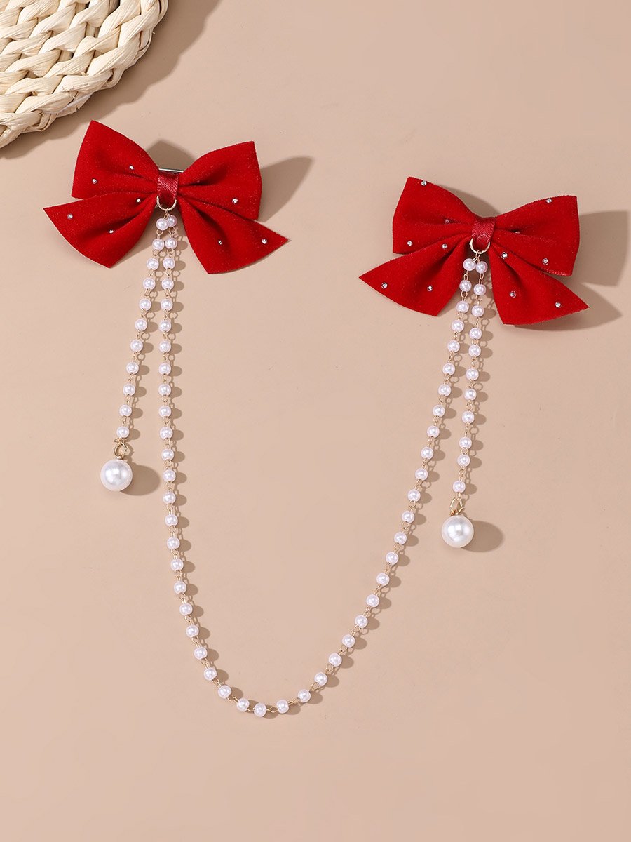 Red Bow Hair Clip with Pearl Chain