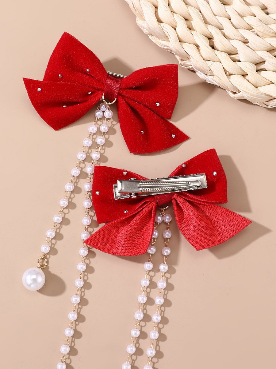 Red Bow Hair Clip with Pearl Chain