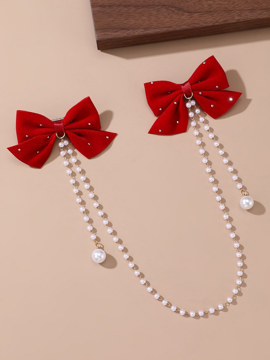 Red Bow Hair Clip with Pearl Chain
