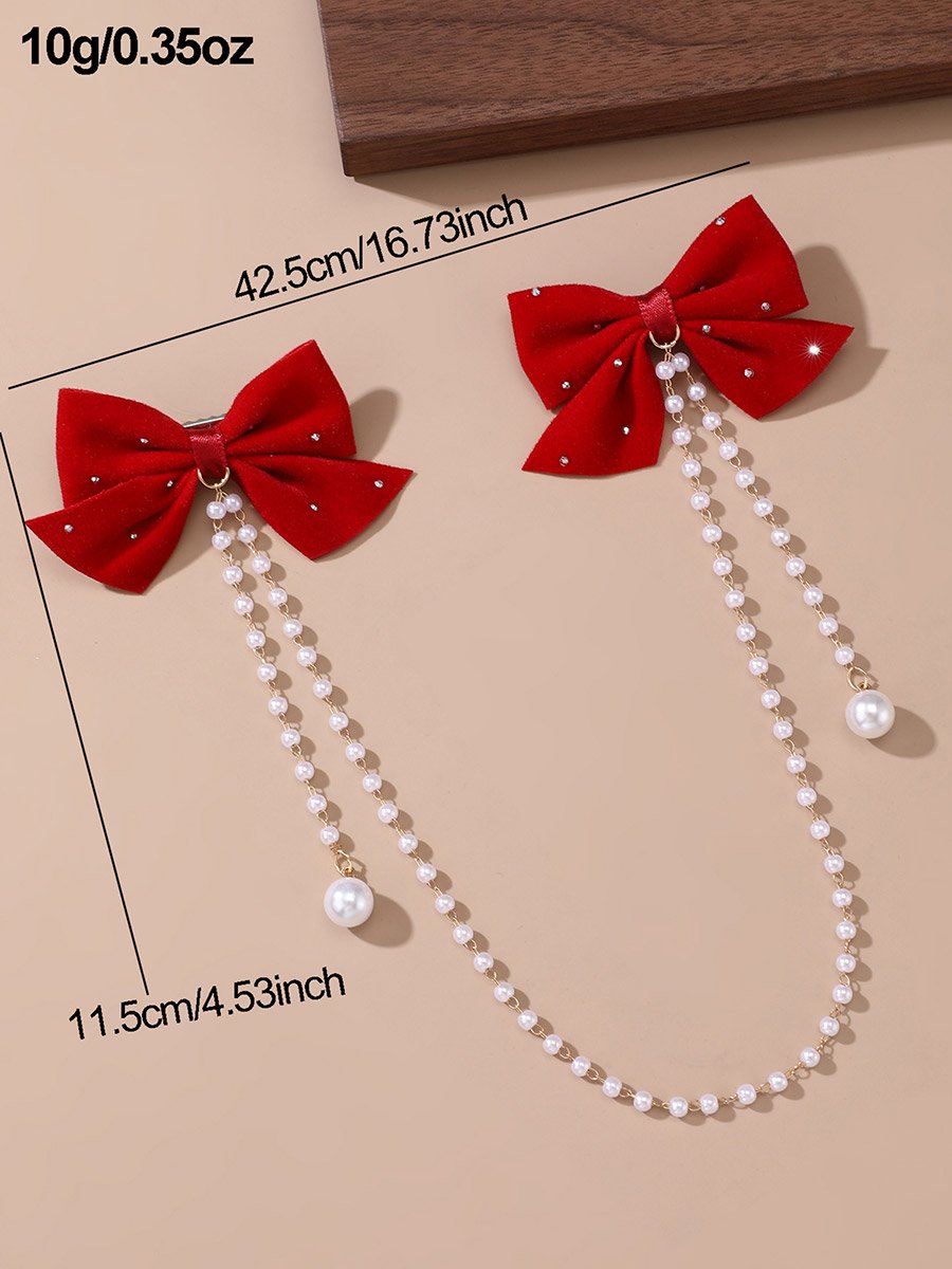 Red Bow Hair Clip with Pearl Chain