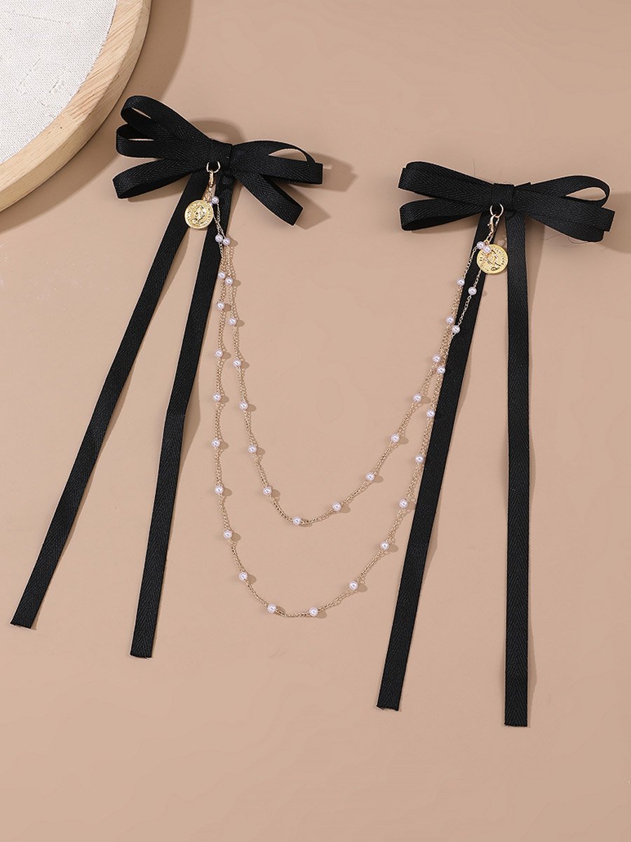 Black Bow Hair Clip with Pearl Chain