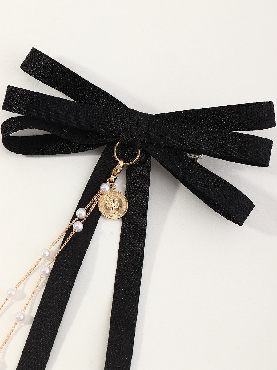 Black Bow Hair Clip with Pearl Chain