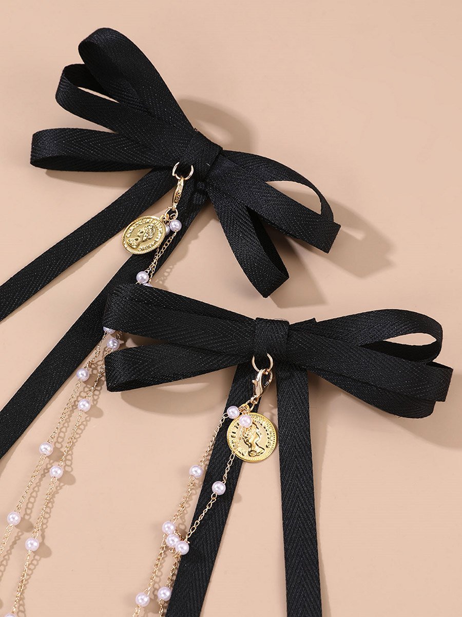 Black Bow Hair Clip with Pearl Chain