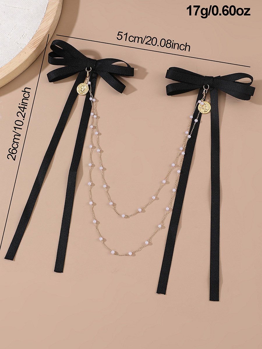 Black Bow Hair Clip with Pearl Chain