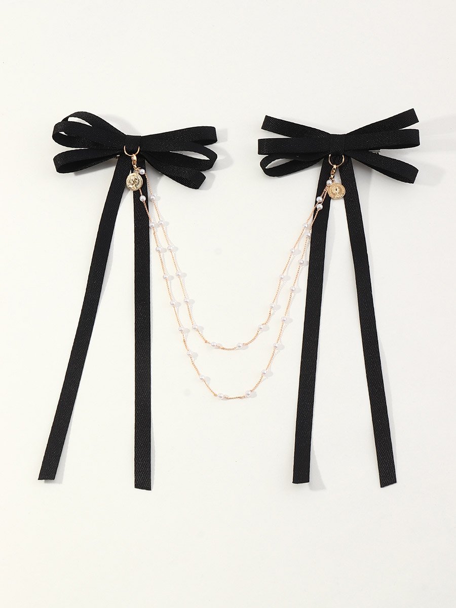 Black Bow Hair Clip with Pearl Chain