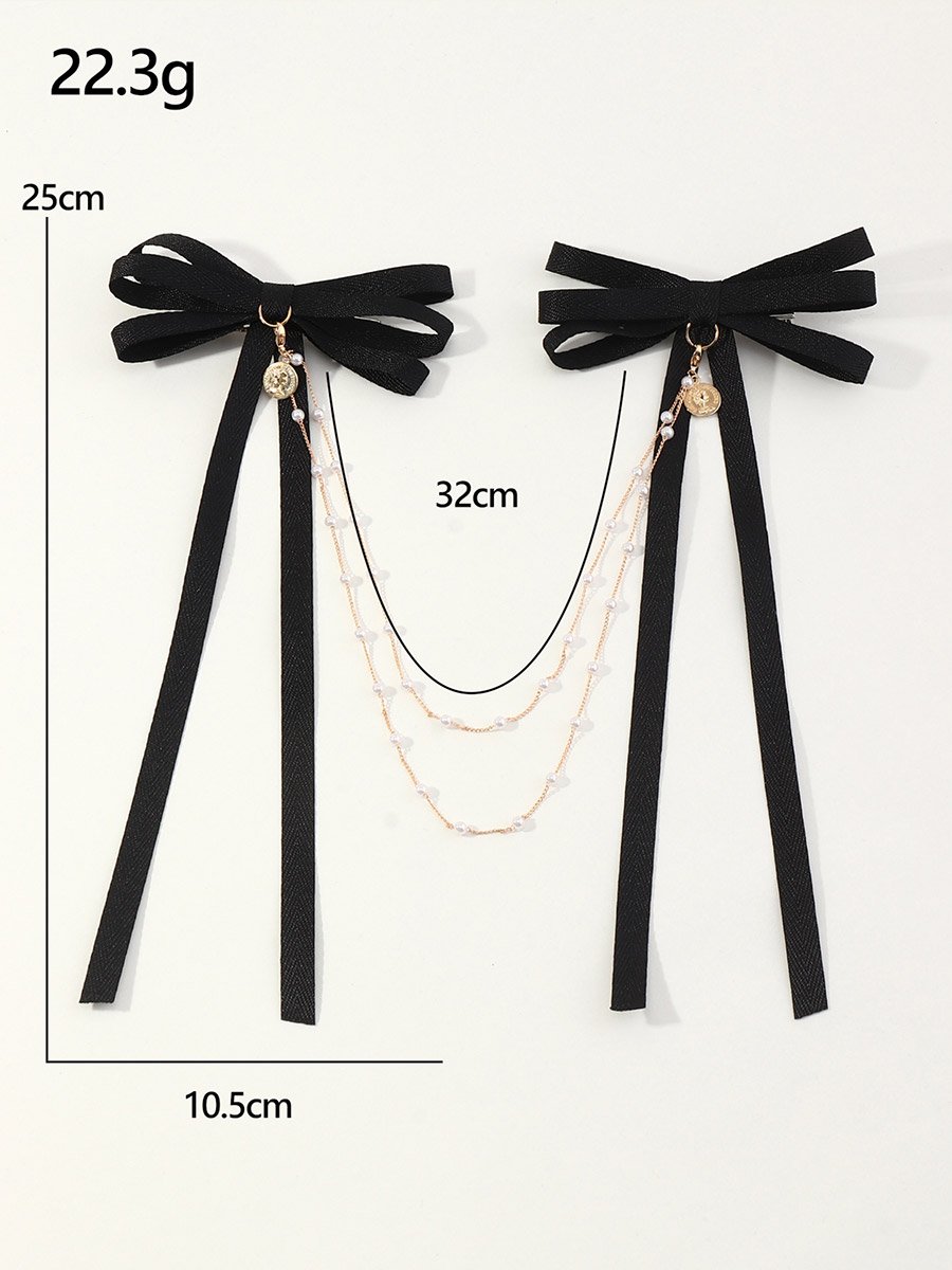Black Bow Hair Clip with Pearl Chain